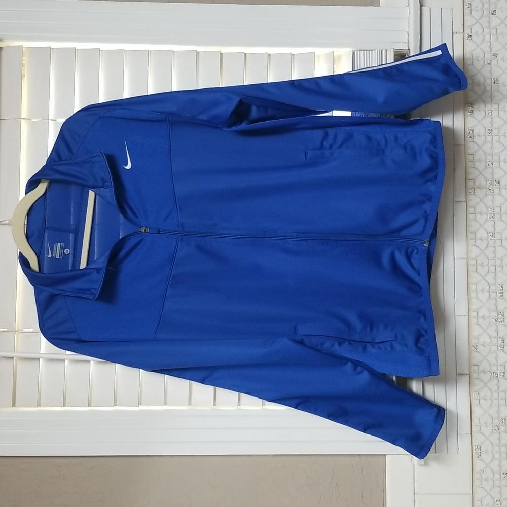 💥NIKE Men's Zip Warm up Shirt XL, Royal Blue/White stripes w/pockets EUC CL# 64